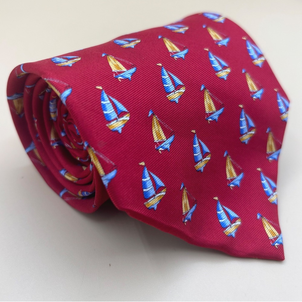 Tropical Isle Mens Silk Tie Red Nautical Sailboat Preppy Coastal Yacht Club 4"
